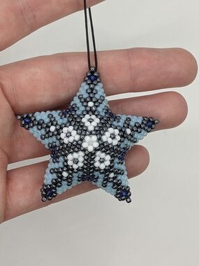 Handmade Light Blue & White Beaded Star Ornament
